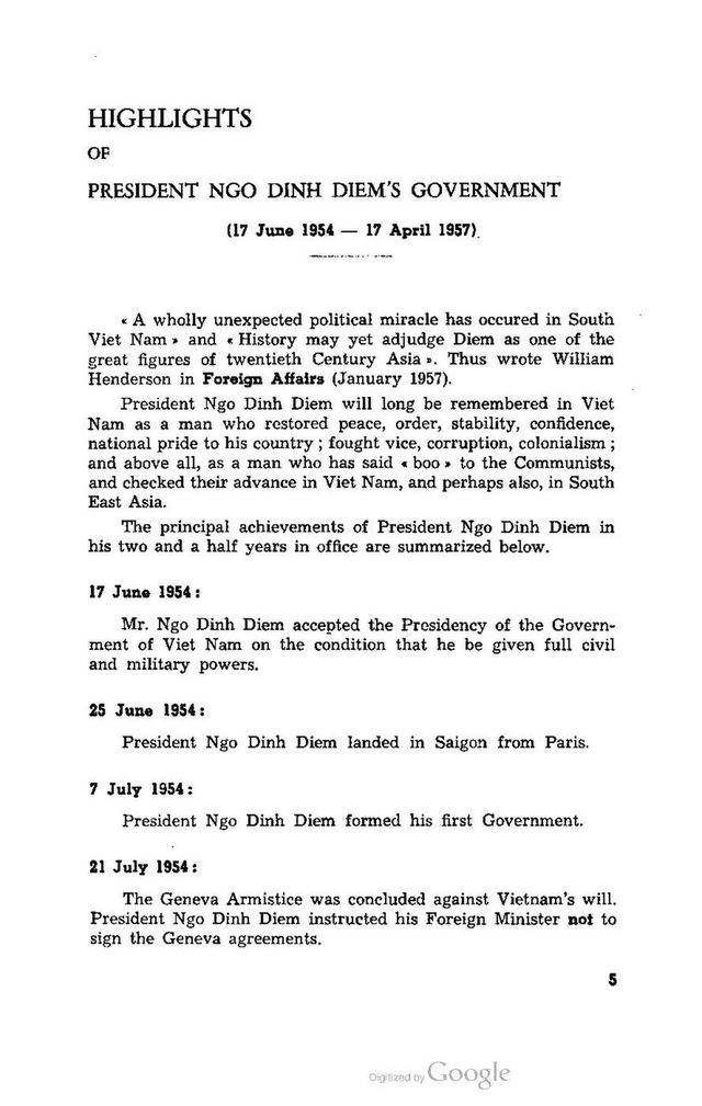 Ngo Dinh Diem of Viet-Nam (Presidency press office booklet, Saigon 1957), 'Highlights of President Ngo Dinh Diem's Government', page 5