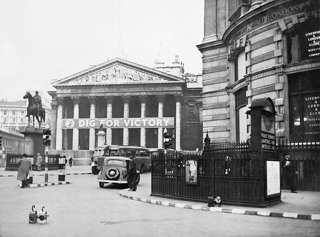 'Dig for Victory' banner across the Royal Exchange, London, used as a Ministry of Information poster site
