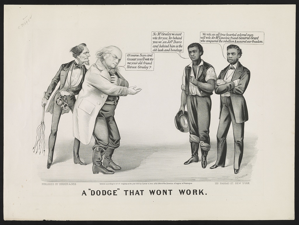 Cartoon of Greeley with Jefferson Davis behind him asking two Black men for their votes