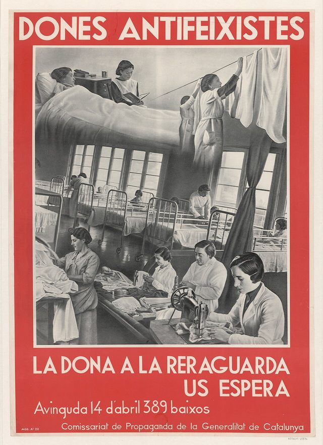 Dones antifeixistes... La dona a la reraguarda... US espera... (Catalan poster, Comissariat de Propaganda)