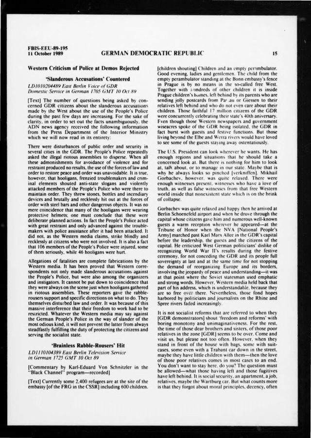 East Berlin radio and television on the October 1989 demonstrations ('Black Channel'), FBIS Daily Report, 11 October 1989
