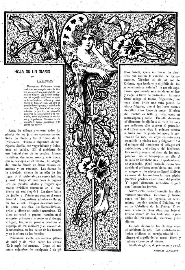 El Cojo Ilustrado, fortnightly, no. 350, article (Caracas, 15 July 1906): 'Hoja de un diario: 4 de julio', praising Castro's triumphal entry