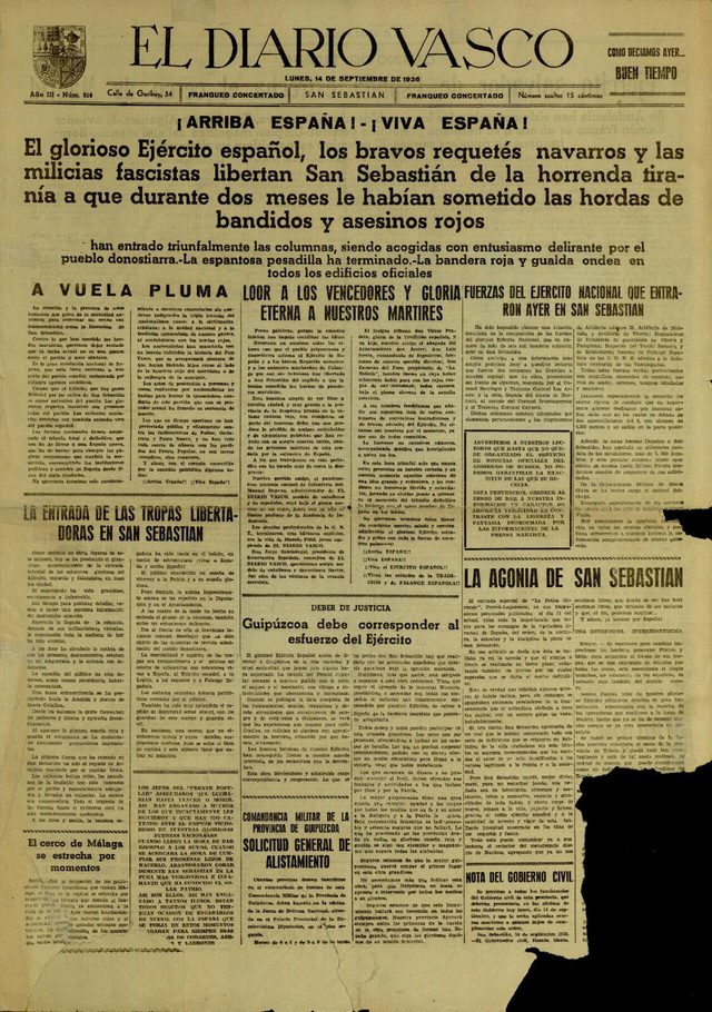 El Diario Vasco, front page (San Sebastián, 14 September 1936): "El glorioso Ejército español ... libertan San Sebastián"