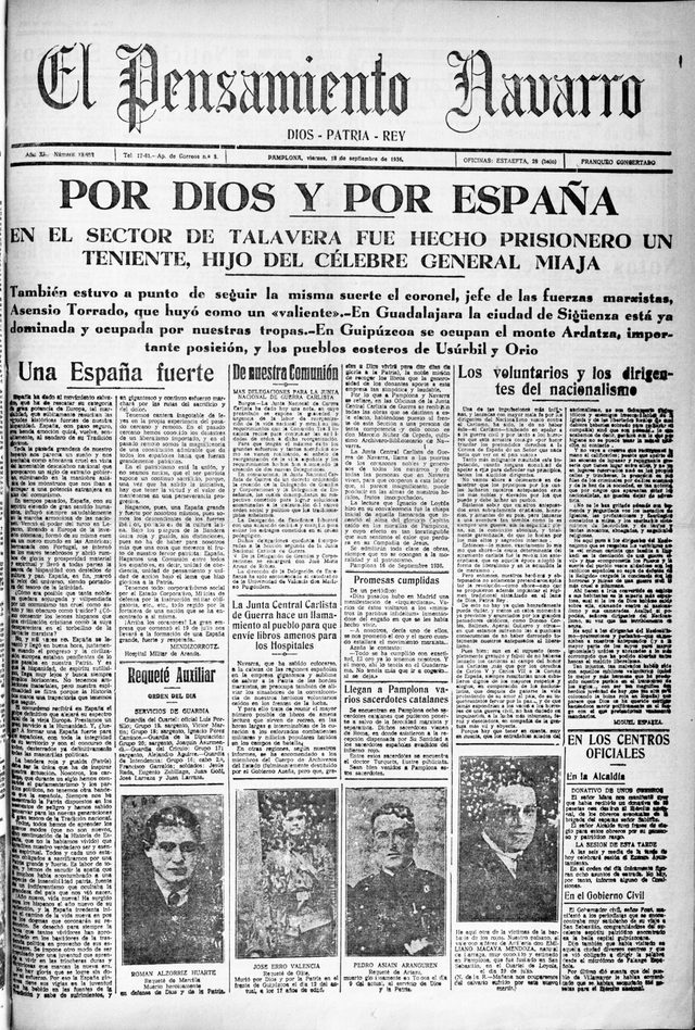 El Pensamiento Navarro, front page (Pamplona, 18 September 1936): "Por Dios y por España"