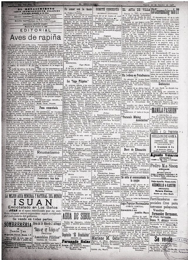 El Renacimiento, daily, p. 4 article (Manila, 30 October 1908): 'Aves de rapiña' (Birds of Prey)