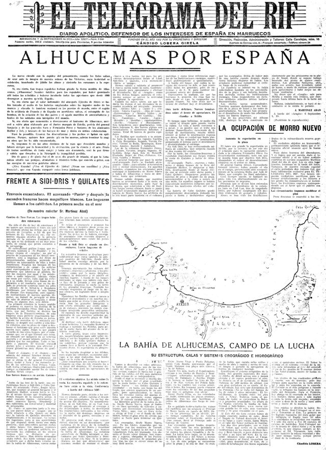 "Alhucemas por España" (El Telegrama del Rif, front page, 9 September 1925)