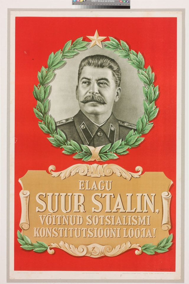 Elagu suur Stalin, võitnud sotsialismi konstitutsiooni looja! (Long live great Stalin), Estonian SSR poster, 1950