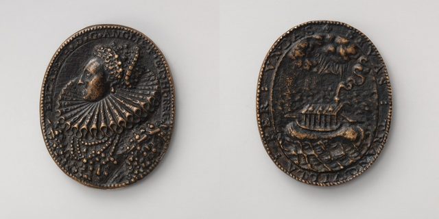 Medal of Elizabeth I: portrait in a ruff, reverse an ark on stormy waves with SAEVAS TRANQVILLA PER VNDAS (18th-century aftercast of a 1588 model)