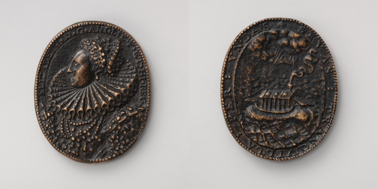 Medal of Elizabeth I: portrait in a ruff, reverse an ark on stormy waves with SAEVAS TRANQVILLA PER VNDAS (18th-century aftercast of a 1588 model)