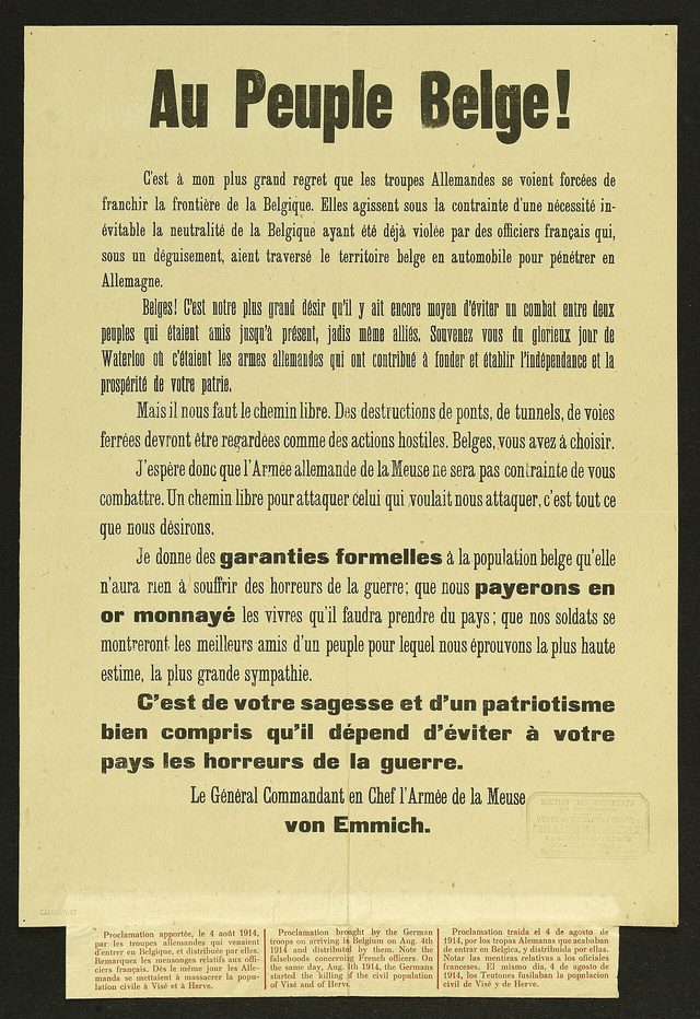 Au Peuple Belge! (von Emmich proclamation, with Allied caption strip)