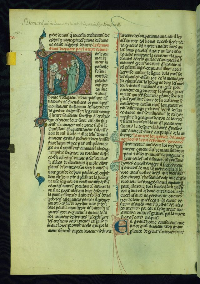 Estoire d'Eracles page with Bernard of Clairvaux preaching the Second Crusade in the initial (Walters W.137, fol. 180v)