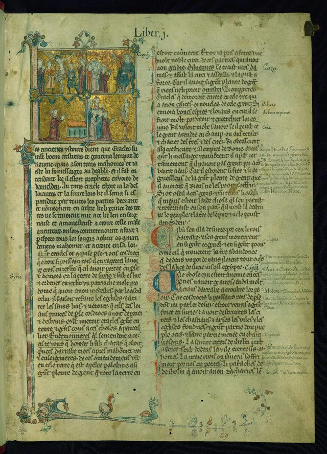 Opening page of the Estoire d'Eracles (William of Tyre in French), with the Crucifixion and Pope Urban II preaching the First Crusade in the initial (Walters W.137, fol. 1r)
