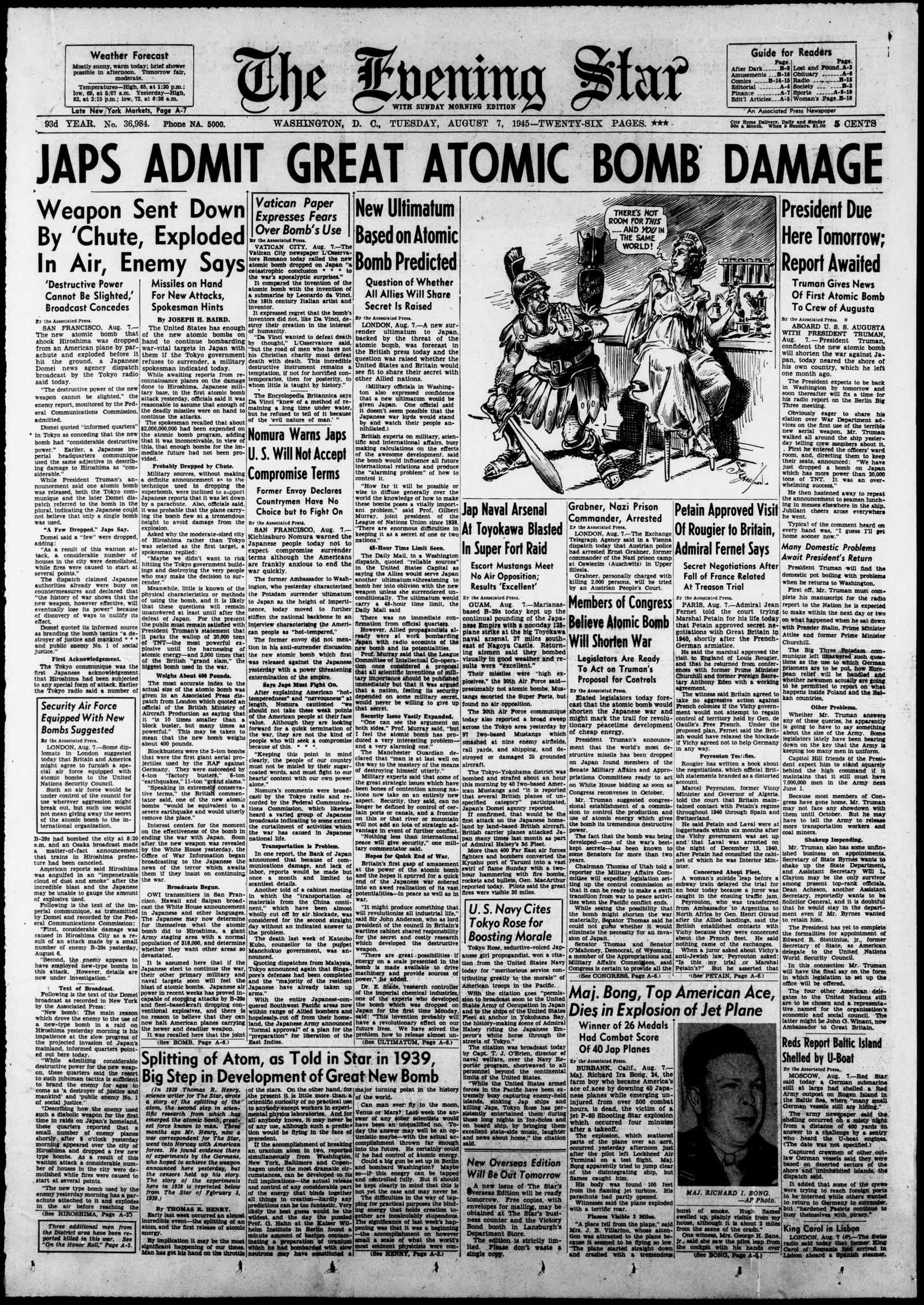 The Evening Star front page, 7 August 1945, with the banner JAPS ADMIT GREAT ATOMIC BOMB DAMAGE