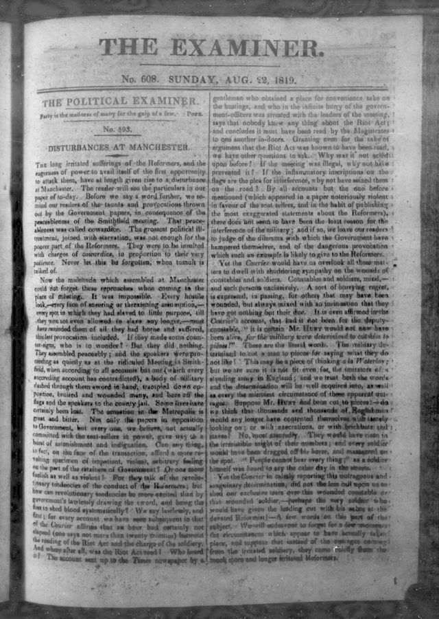 The Examiner, No. 608, 22 August 1819, 'Disturbances at Manchester' (Peterloo)