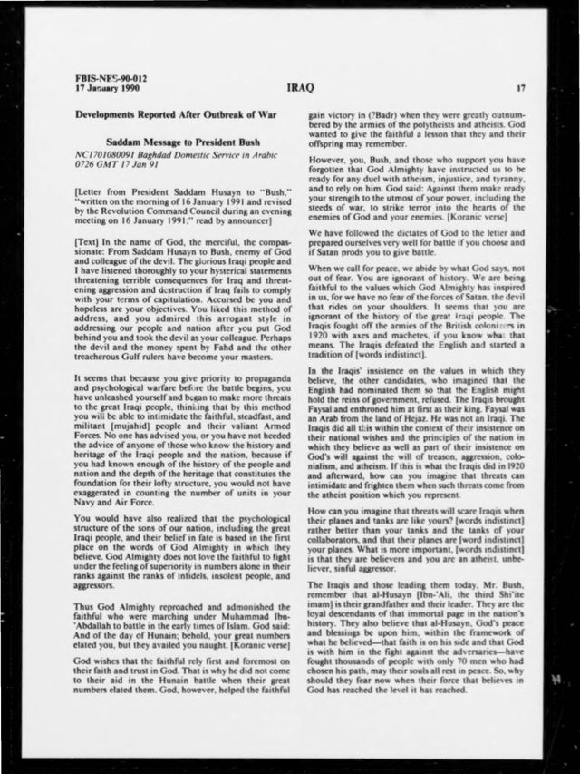 FBIS Daily Report: Baghdad Domestic Service reads Saddam Husayn's letter to Bush (17 Jan 1991)