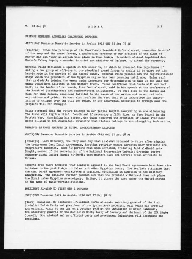 FBIS Daily Report: Damascus Domestic Service on the 'treasonous Camp David agreements' (28 Sep 1978)