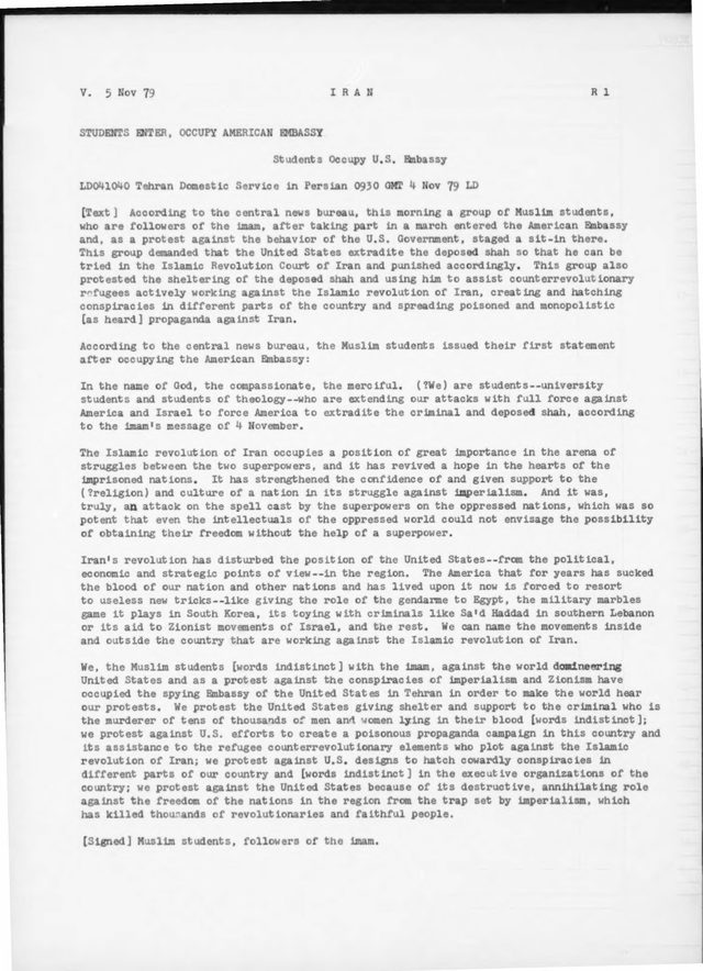 FBIS Daily Report: Tehran Domestic Service on the occupation of the U.S. Embassy (5 Nov 1979)