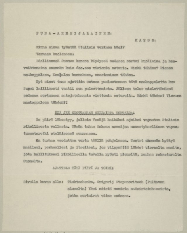 Puna-armeijalainen: Katso! Minne sinua työntää Stalinin verinen käsi? (Red Army soldier: Look! Where Is Stalin's Bloody Hand Pushing You?): Finnish-language leaflet text