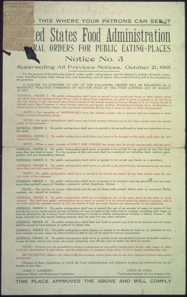 United States Food Administration General Orders for Public Eating-Places, Notice No. 3