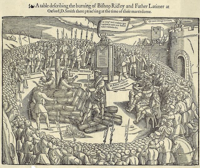 Woodcut 'A table describing the burning of Bishop Ridley and Father Latimer at Oxford', in John Foxe, Actes and Monuments (1563)