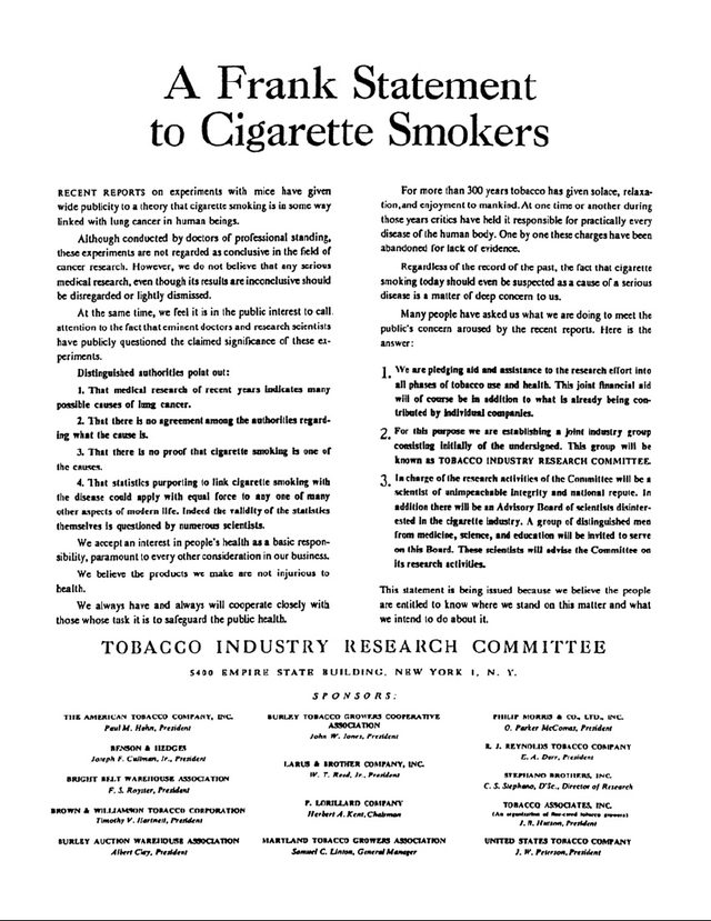 A Frank Statement to Cigarette Smokers