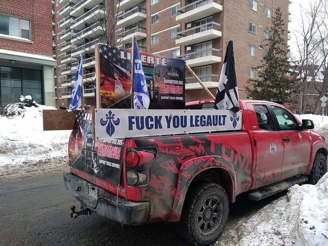 'Liberte / Support Truck Drivers' banners on a truck at the 2022 Canadian convoy rally