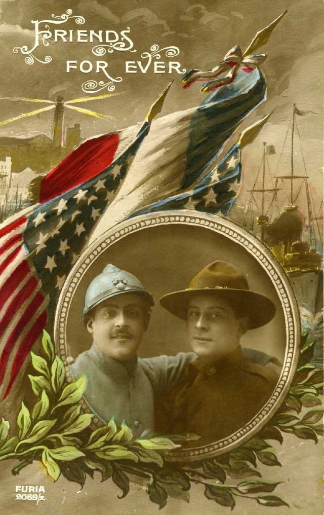 'Friends for ever' Franco-American postcard (France, January 1917)