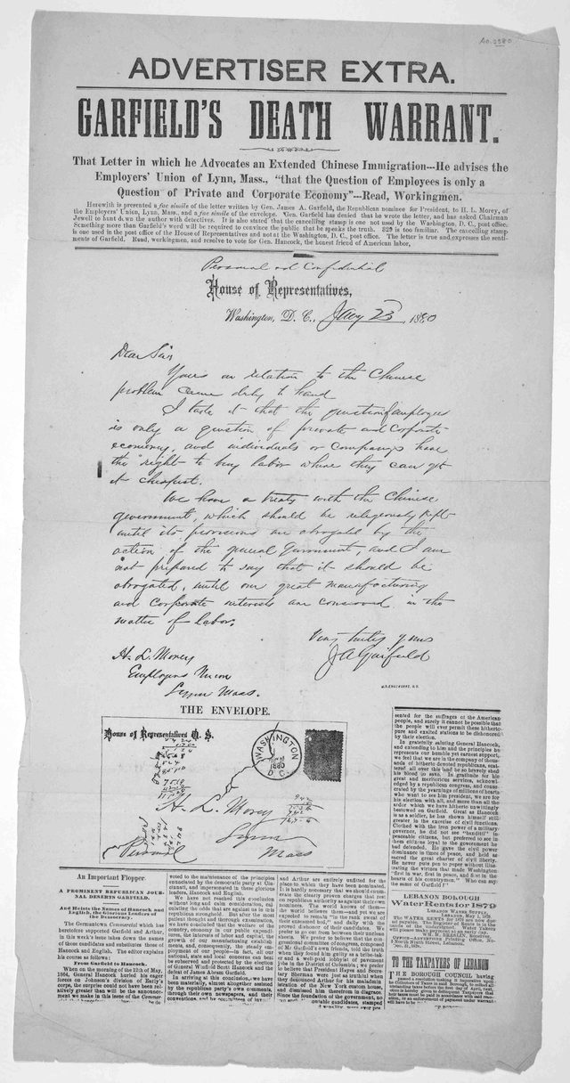 Garfield's Death Warrant: 'Advertiser Extra' reproducing the Morey letter (1880)