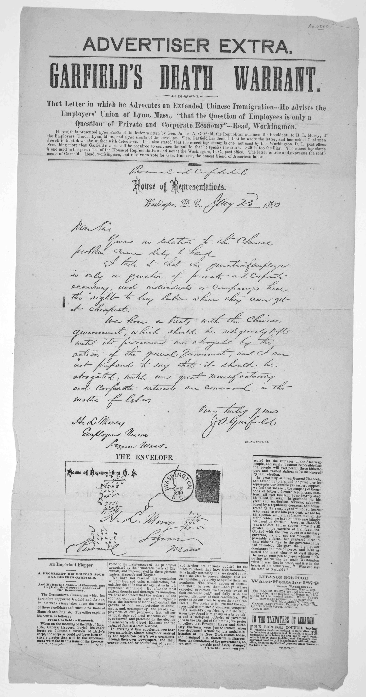 Advertiser Extra broadside headed Garfield's Death Warrant with a facsimile letter and envelope