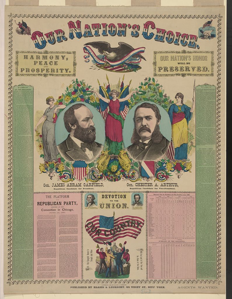 Republican ticket poster Our Nation's Choice with portraits of Garfield and Arthur, flags, allegorical figures and a platform