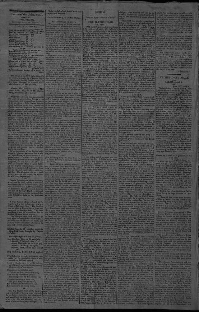 Gazette of the United States, "The Jeffersoniad" no. VIII, 14 August 1800