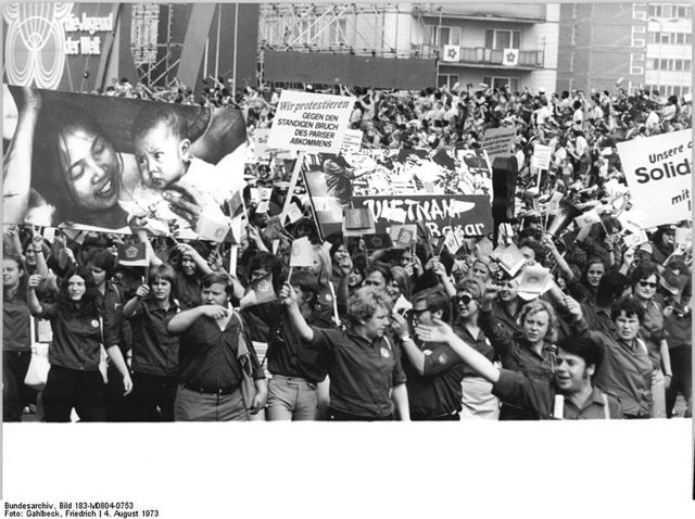 Vietnam banners in the FDJ demonstration, 10th World Festival of Youth and Students, East Berlin