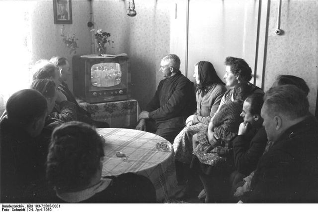 Cooperative farmers watch Ulbricht's Volkskammer statement on television, Höhnstedt