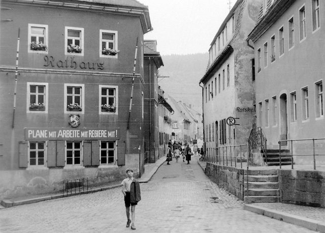 "Plane mit Arbeite mit Regiere mit!": town-hall banner, Königstein (Saxon Switzerland)