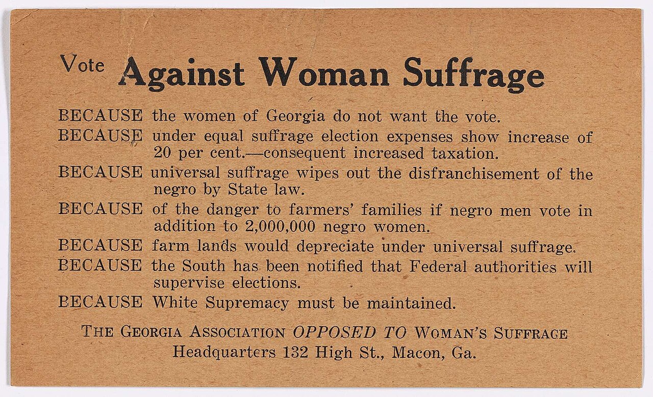 Georgia Association Opposed to Woman's Suffrage card, "Vote Against Woman Suffrage"