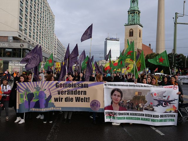 'Stop the Turkish aggression against North and East Syria' and '#WomenDefendRojava' banners, Berlin demonstration (Berlin, 2 November 2019)