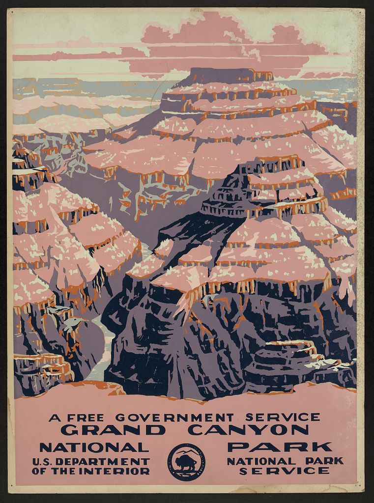 Poster of the National Park Service about 1938: a view of the Grand Canyon above the words A free government service