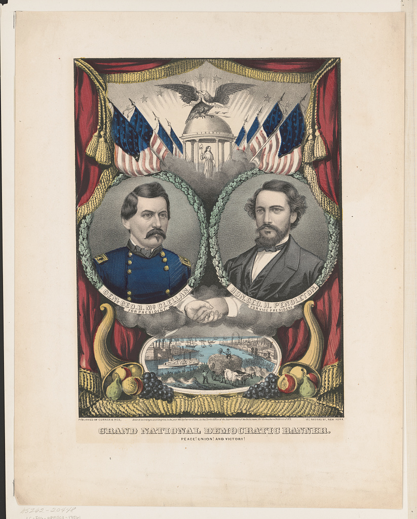 Currier & Ives banner with portraits of McClellan and Pendleton
