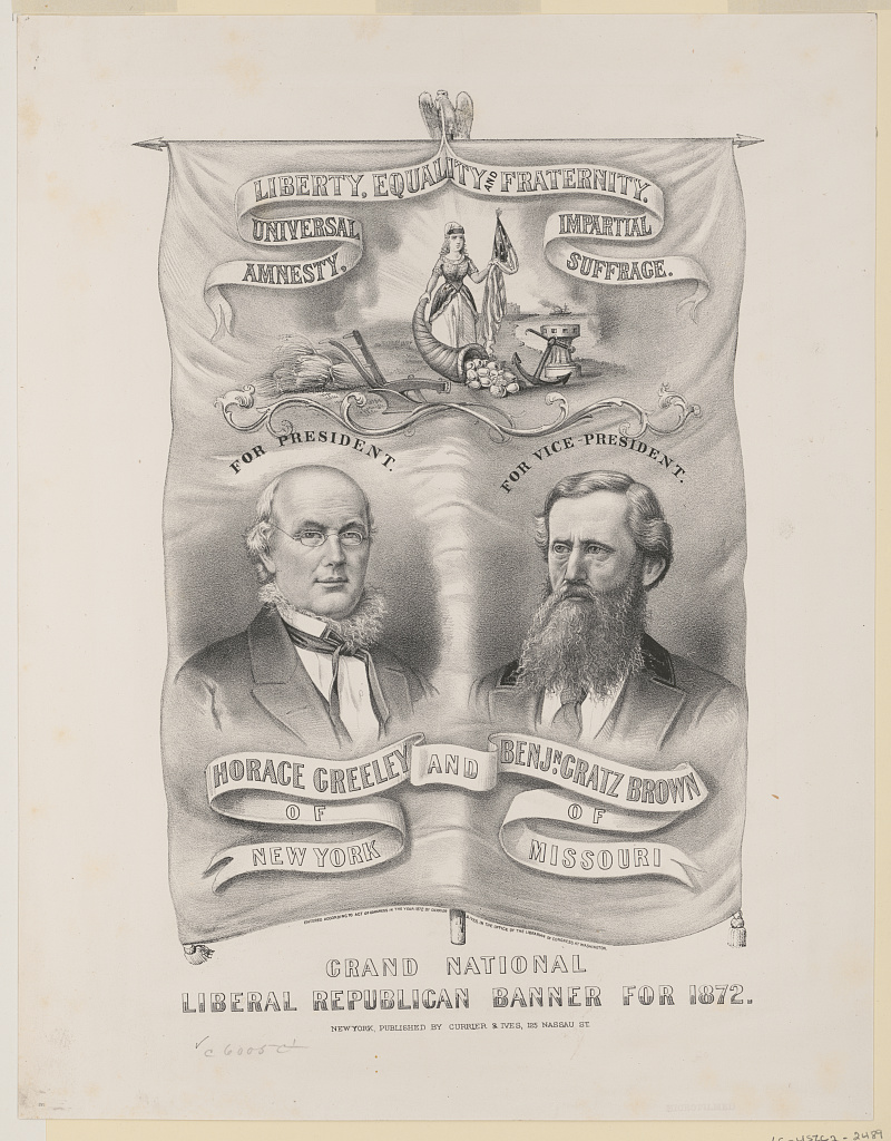 Currier & Ives banner for Greeley and Brown with eagle, Columbia and campaign mottoes
