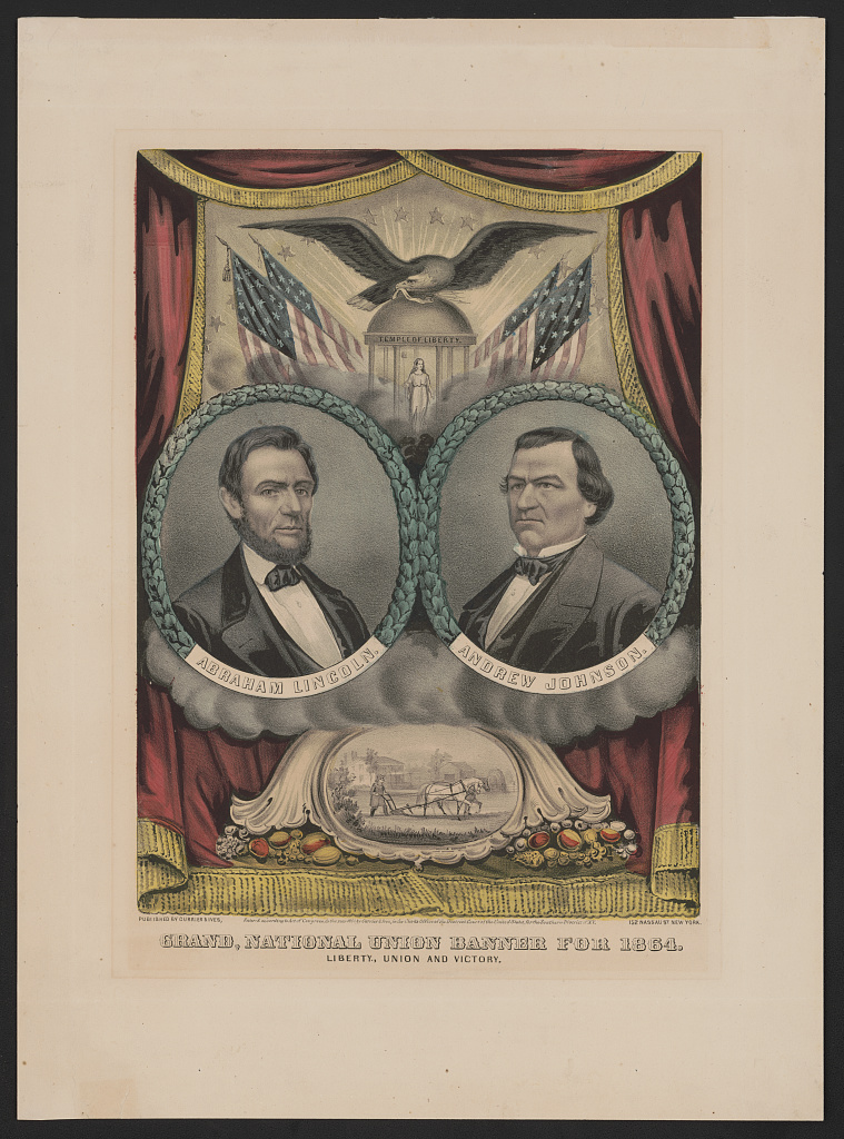Currier & Ives banner with portrait roundels of Lincoln and Johnson, a Temple of Liberty and an eagle
