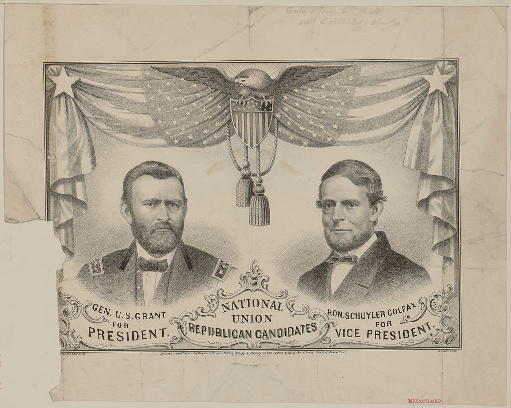 National Union Republican Candidates, portraits of Grant and Colfax under a flag and eagle