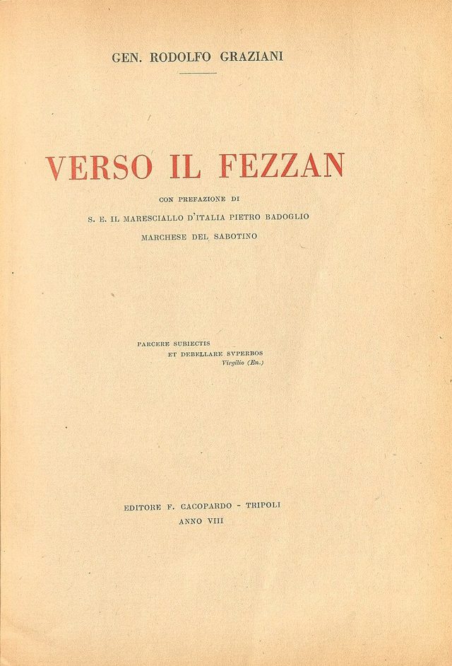 Graziani, 'Verso il Fezzan' (Tripoli, 1930): title page with Badoglio preface and Virgil motto