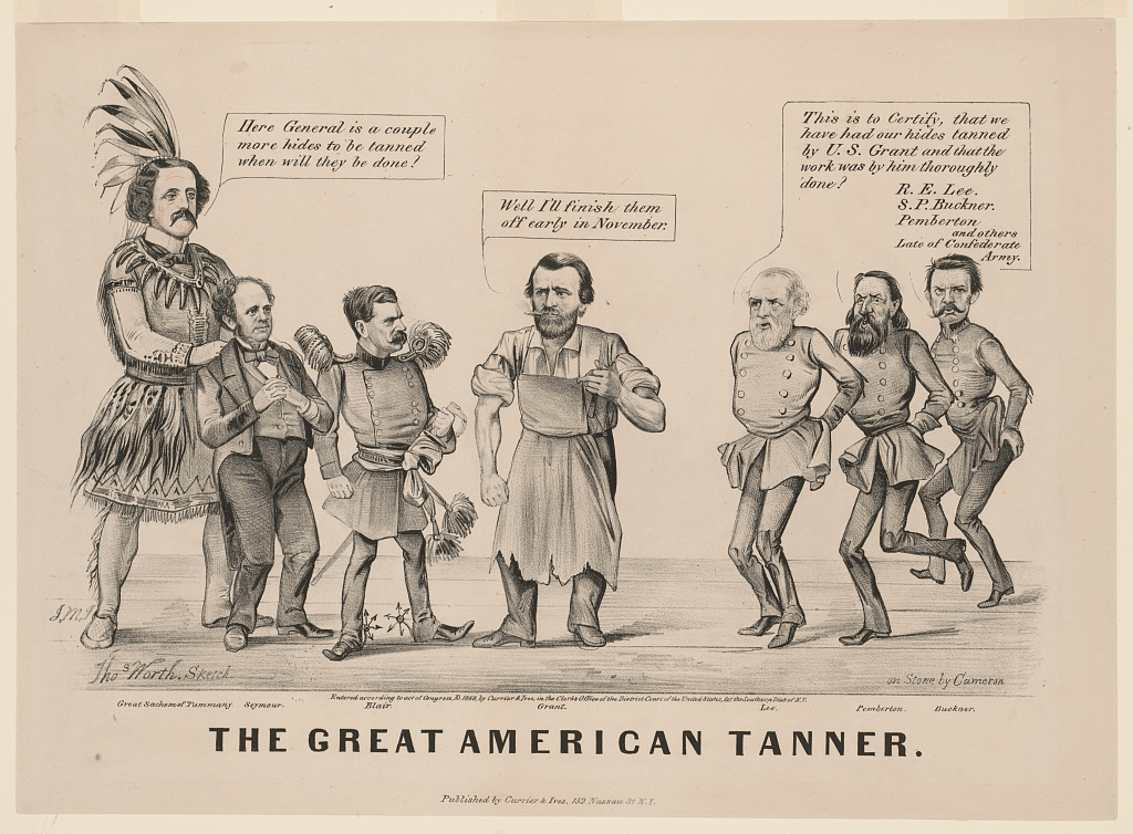 The Great American Tanner, Grant in a tanner's apron with Seymour, Blair and Confederate officers