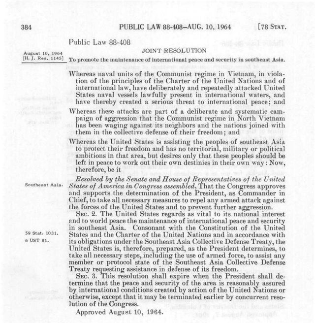Public Law 88-408, Gulf of Tonkin Resolution (10 August 1964)