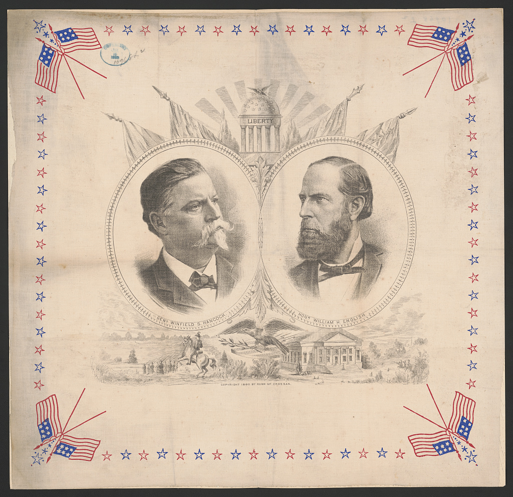 Campaign handkerchief with Hancock and English portraits, Liberty temple, flags and a mounted general