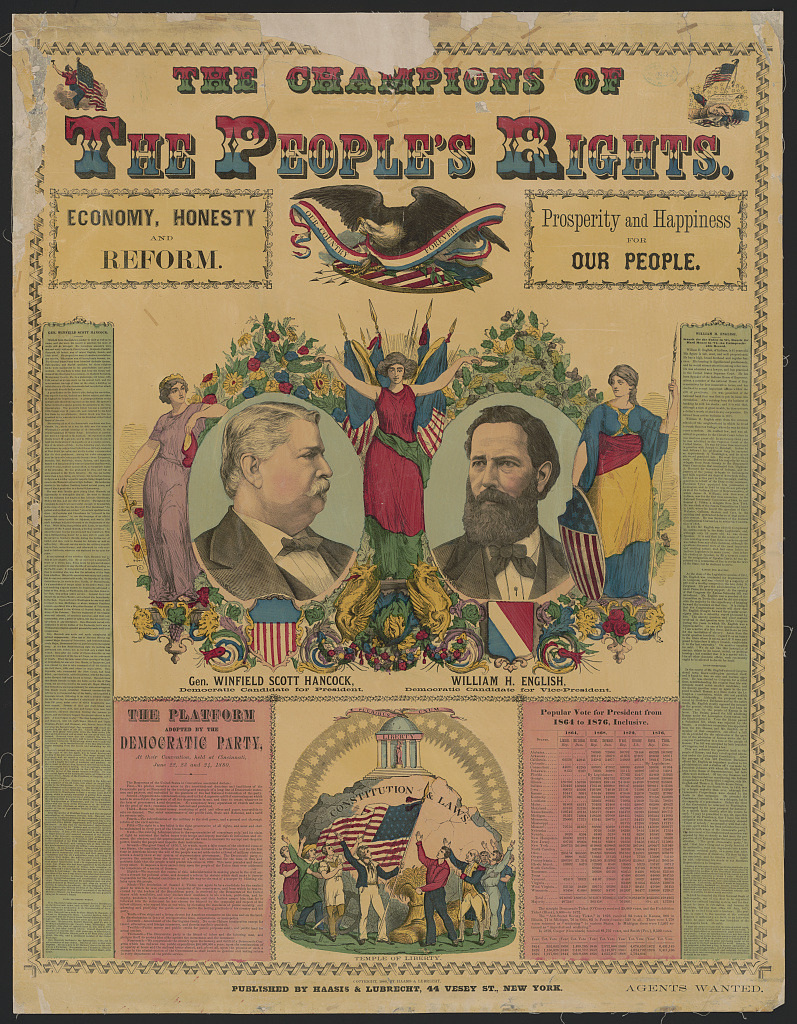 Poster The Champions of the People's Rights with portraits of Hancock and English, allegorical figures, platform and vote table