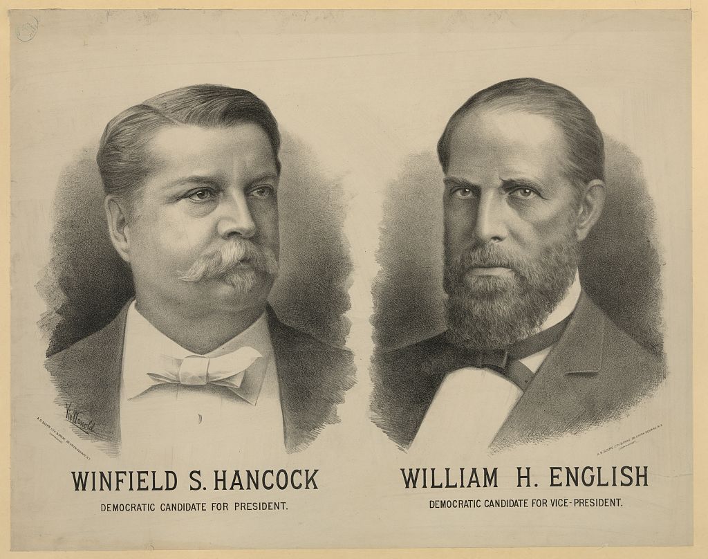 Lithograph of Hancock and English busts labelled Democratic candidates