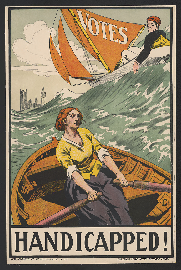 Poster of 1909: a woman rows a small boat against high waves while a man in a sailboat glides past, his sail marked VOTES