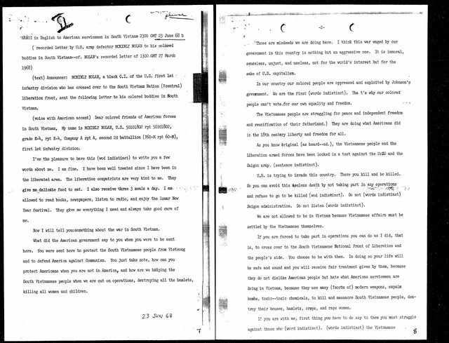 Hanoi in English: a defector's recorded letter to 'his colored buddies', 23 June 1968