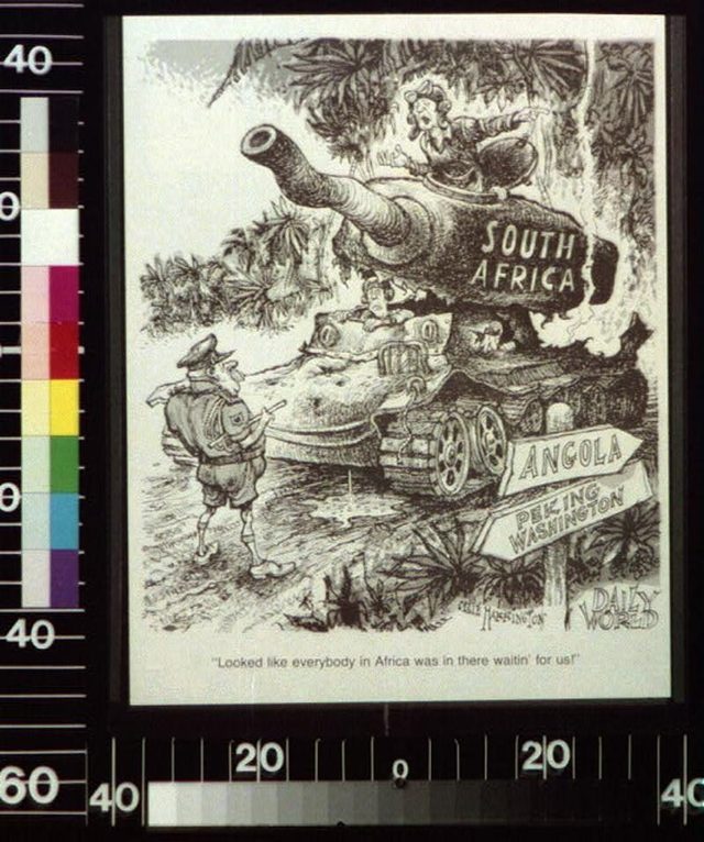 Looked like everybody in Africa was in there waitin' for us!, Ollie Harrington, Daily World cartoon, c.1975